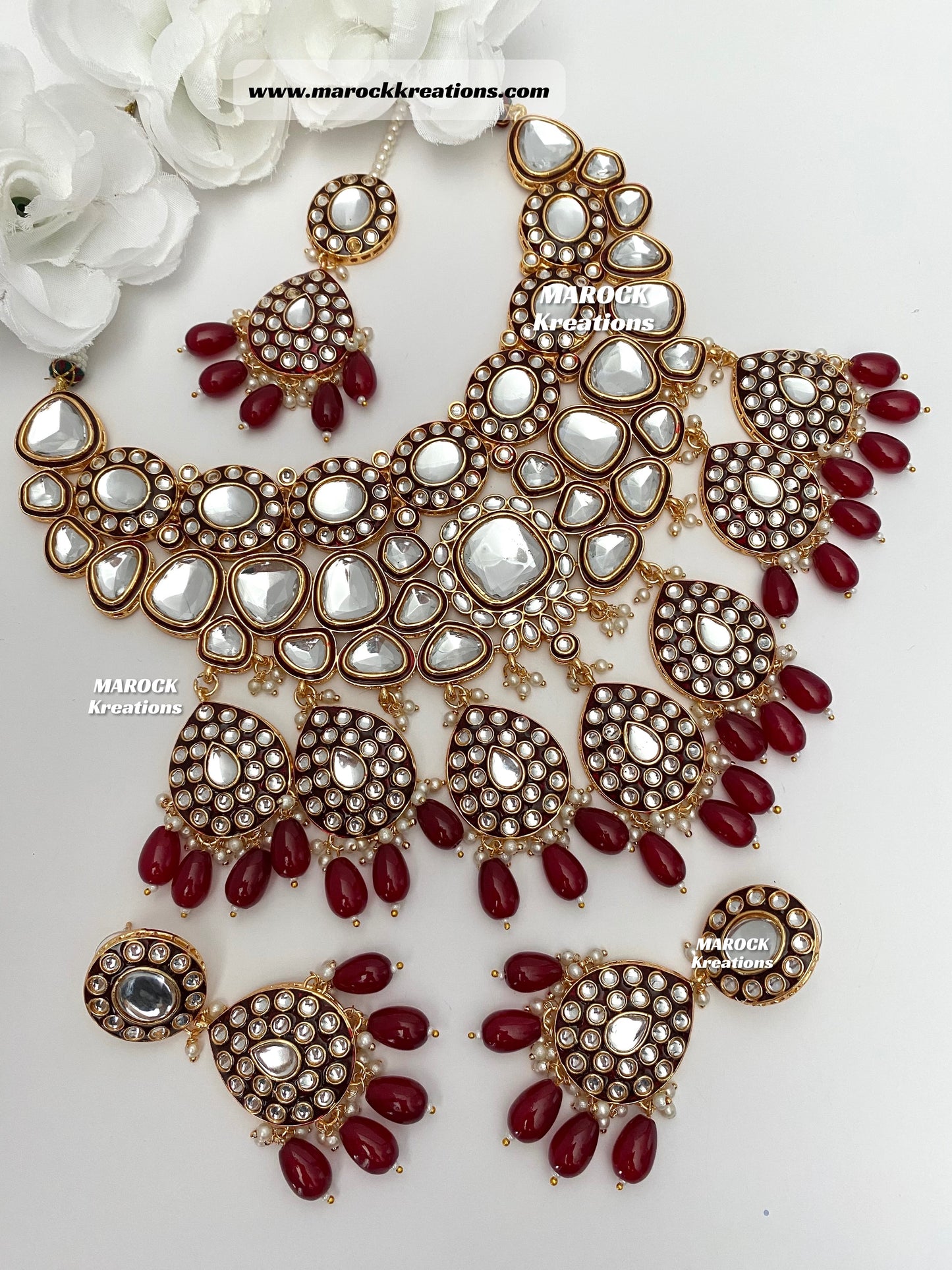 Trendy Uncut Kundan Maroon Statement Necklace set/Bridal set