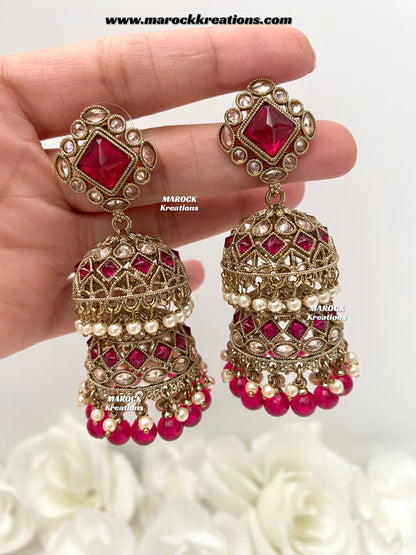 Rehana Antique Gold Polki double jhumki Statement Earrings