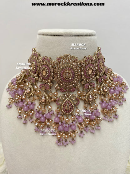 Nazmun Antique Gold Pakistani Polki  choker/necklace set with Passa