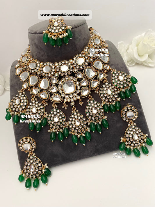 Trendy Uncut Kundan Green Statement Necklace set/Bridal set