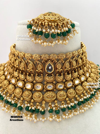 Elegant Gold Plated premium quality Kundan Green Statement Necklace set/Bridal set