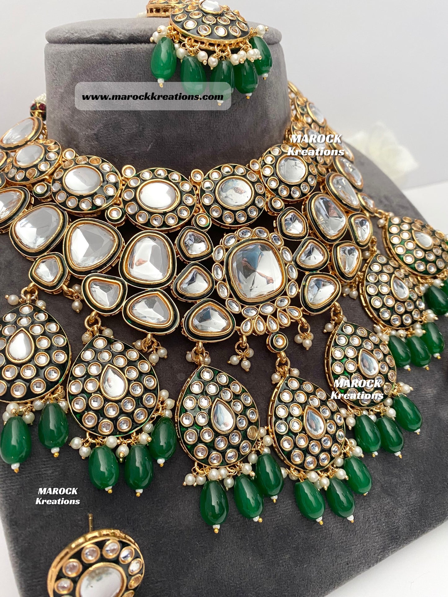 Trendy Uncut Kundan Green Statement Necklace set/Bridal set