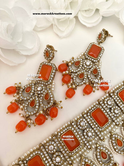 Zainab Antique Gold base with white stones Pakistani Choker set