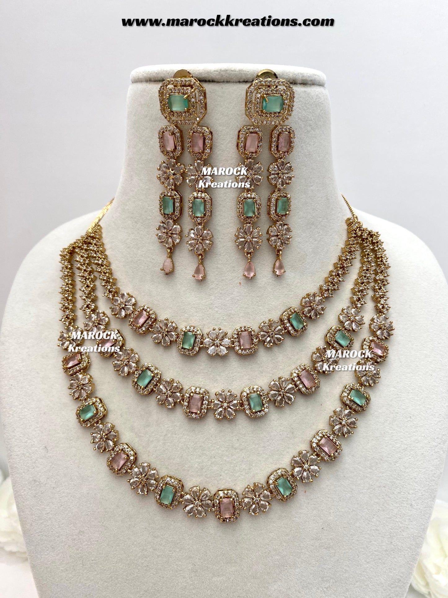 Arvin Antique Gold American Diamond triple layer Statement Necklace set