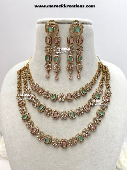 Arvin Antique Gold American Diamond triple layer Statement Necklace set