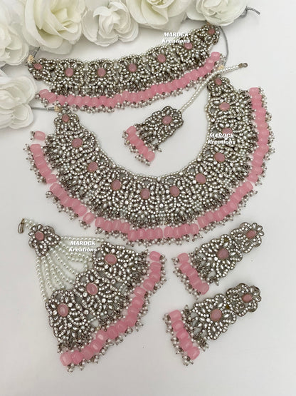 Silver/Pink Pakistani choker and necklace combo set/Pakistani Bridal set