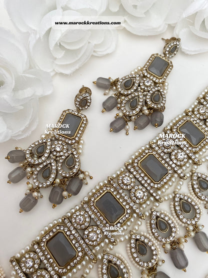 Zainab Antique Gold base with white stones Pakistani Choker set