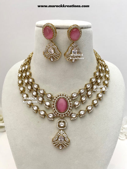 Salina Premium Quality Moissanite Kundan triple layer Necklace set