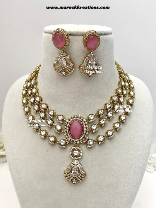 Salina Premium Quality Moissanite Kundan triple layer Necklace set