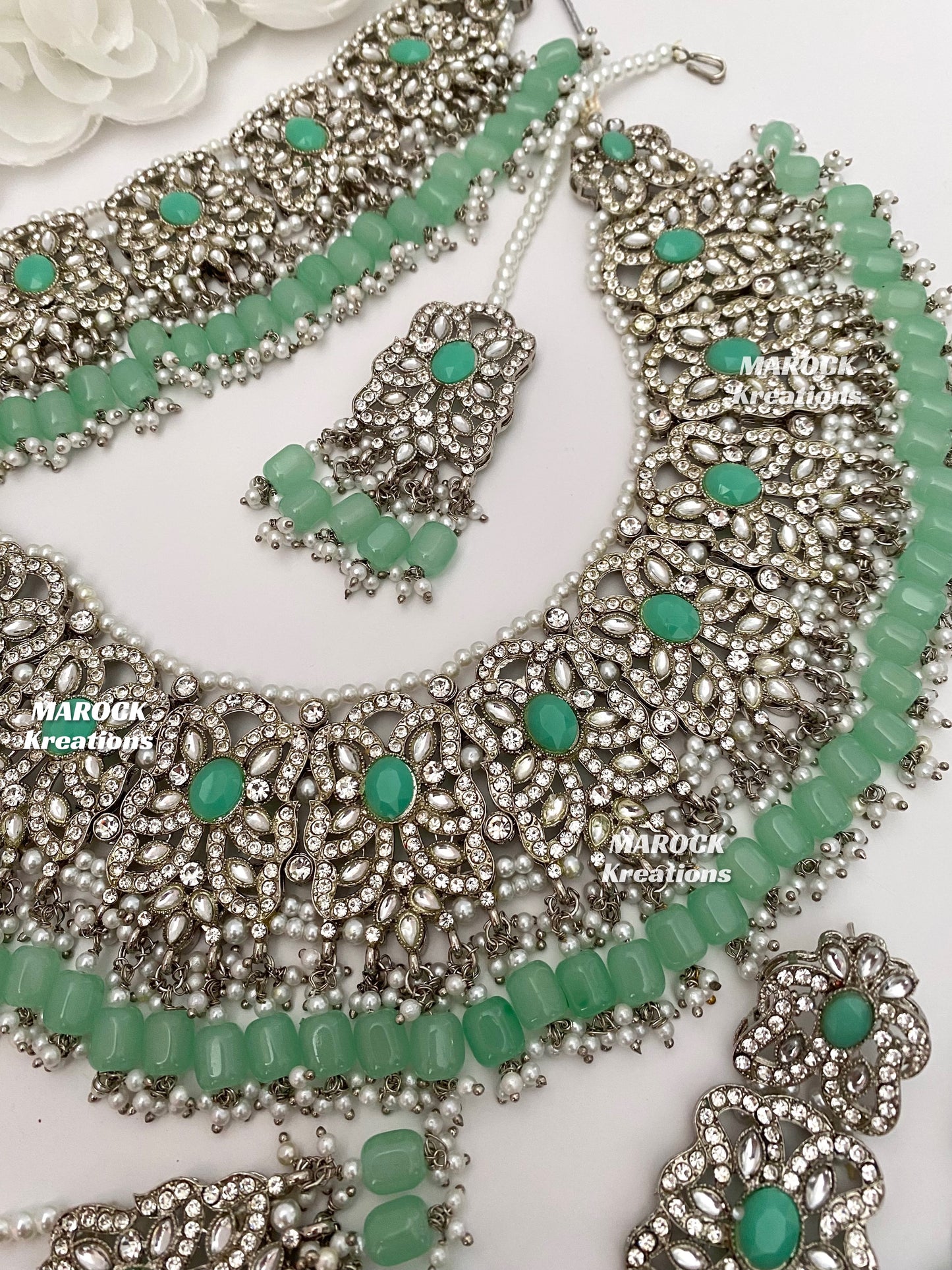 Silver/Mint Pakistani choker and necklace combo set/Pakistani Bridal set