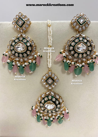 Saher Uncut Kundan Meenakari Earrings and tikka set