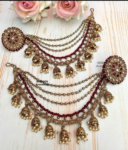 Antique Gold Polki studs/earrings comes with removable Saharey/Ear chains