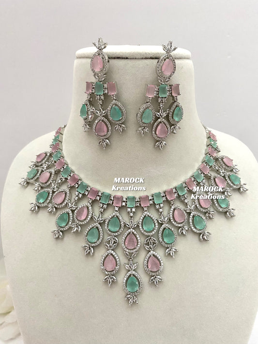 American Diamond pink/mint Necklace set