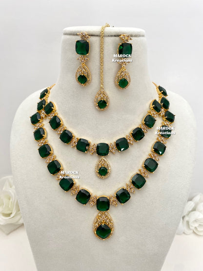 Aster Golden American Diamond Double layer Necklace set