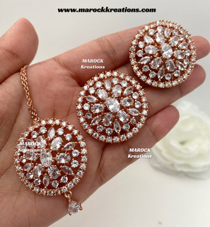 Rose Gold American Diamond studs earrings and tikka set