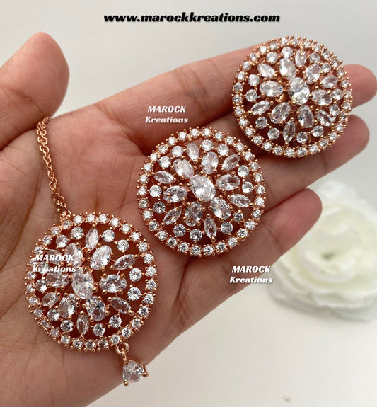 Rose Gold American Diamond studs earrings and tikka set
