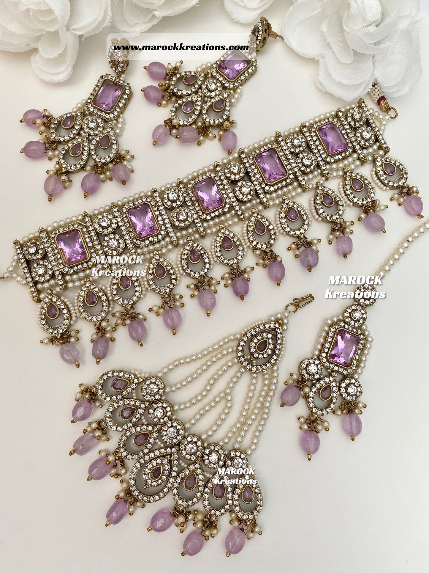 Zainab Antique Gold base with white stones Pakistani Choker set