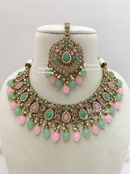 Antique Gold/Pink and Mint Polki Necklace set