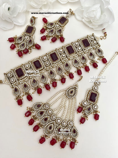 Zainab Antique Gold base with white stones Pakistani Choker set