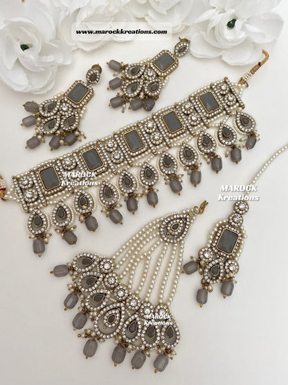 Zainab Antique Gold base with white stones Pakistani Choker set