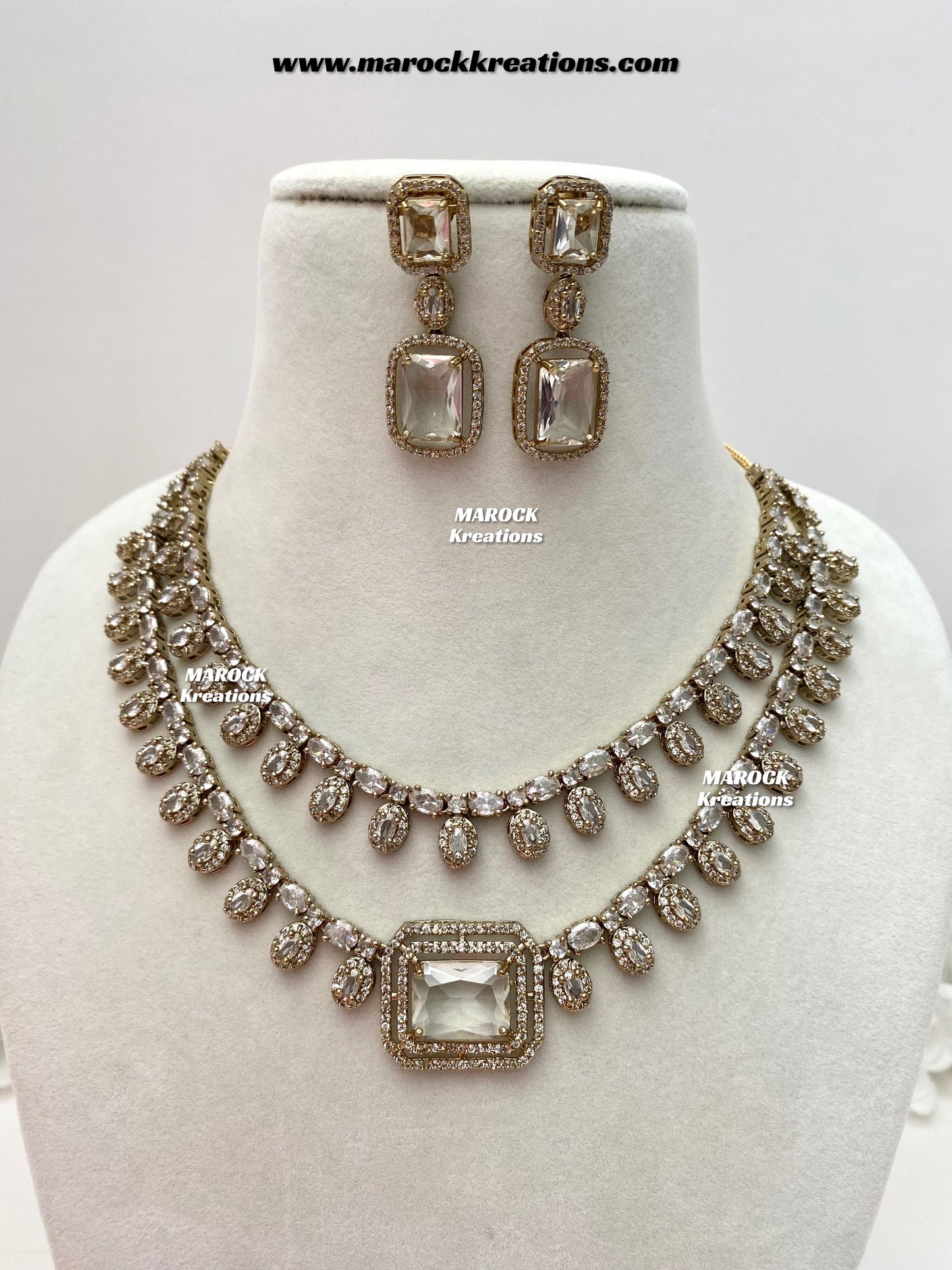 Eshika Antique Gold American Diamond double layer Necklace set