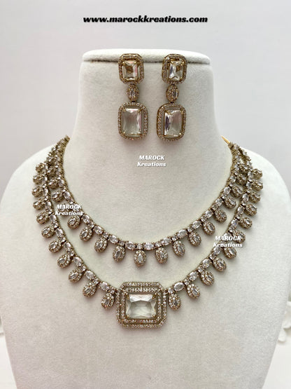 Eshika Antique Gold American Diamond double layer Necklace set