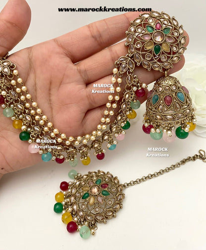 Nahida Antique Gold Polki Jhumki Earrings and tikka set/Jhumki with attached Saharey/Ear chains