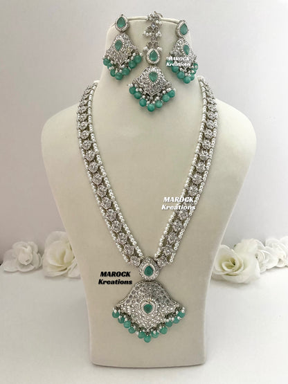 Polki Raani Haar in silver mint teal color/Long necklace