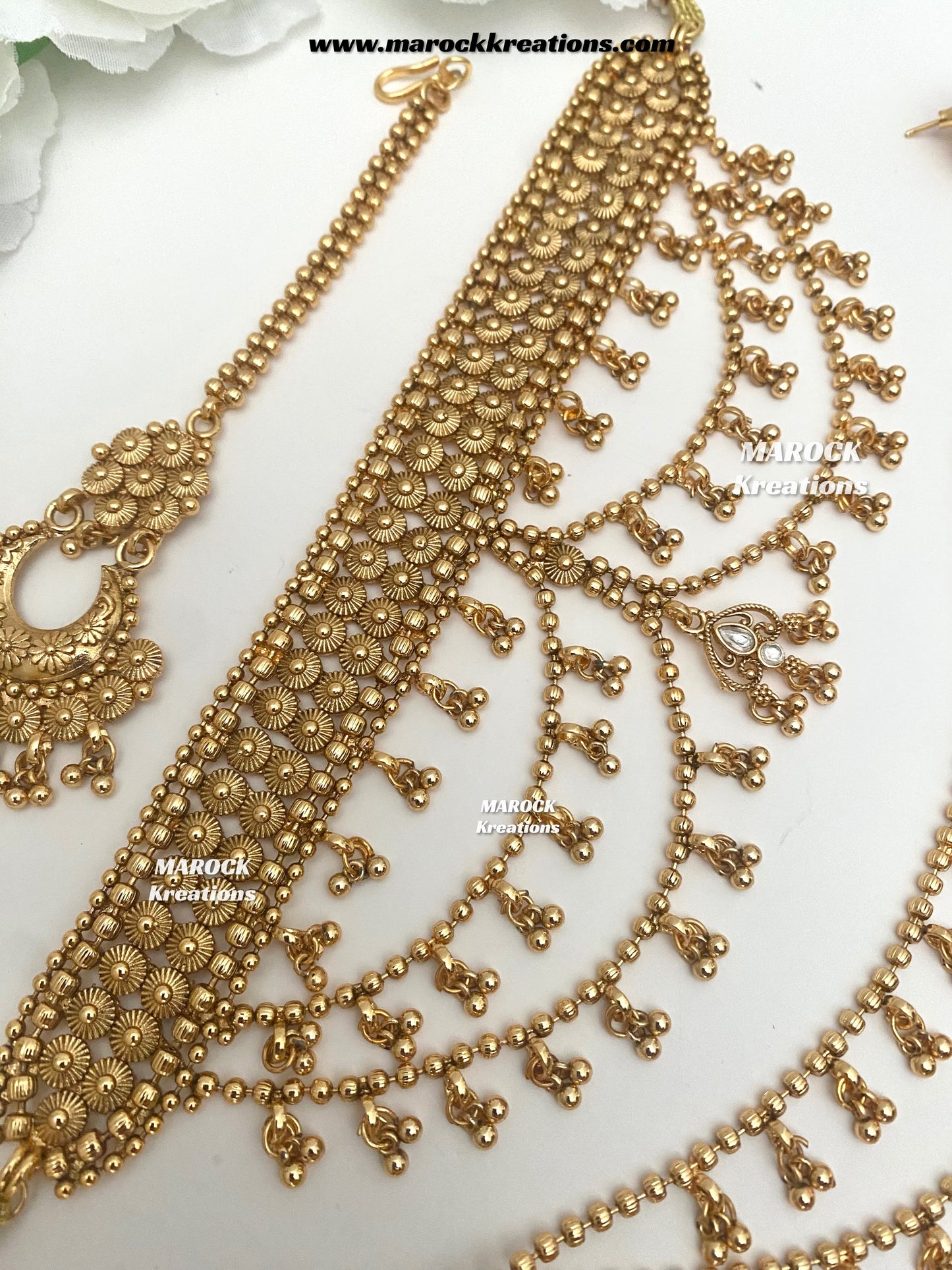 Tahmina Premium Quality Gold Plated statement choker set/triple layer Earchains/ Saharey attached with Earrings