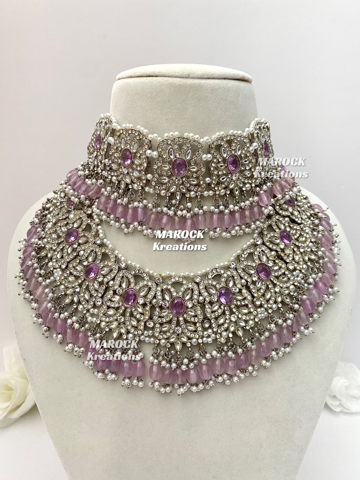 Silver/Lavender Pakistani choker and necklace combo set/Pakistani Bridal set