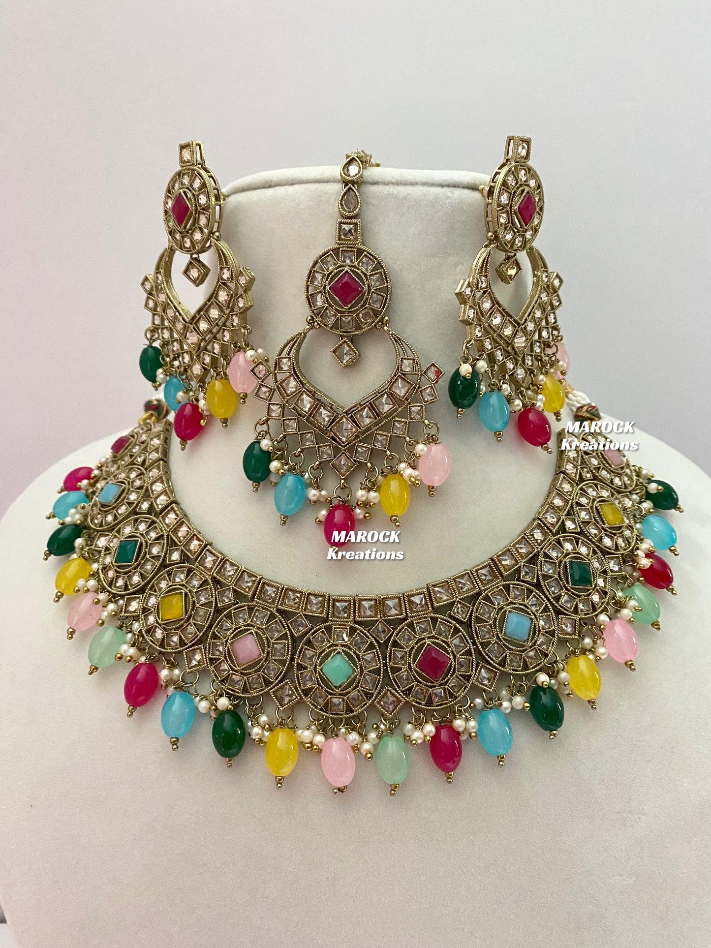 Antique Gold Polki Multi color Necklace set