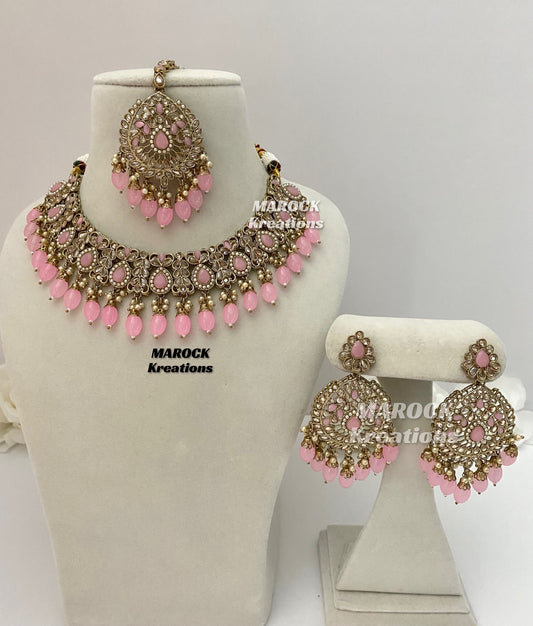 Antique Gold/Pink Polki Necklace set