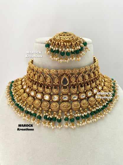 Elegant Gold Plated premium quality Kundan Green Statement Necklace set/Bridal set