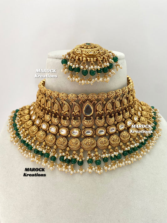 Elegant Gold Plated premium quality Kundan Green Statement Necklace set/Bridal set