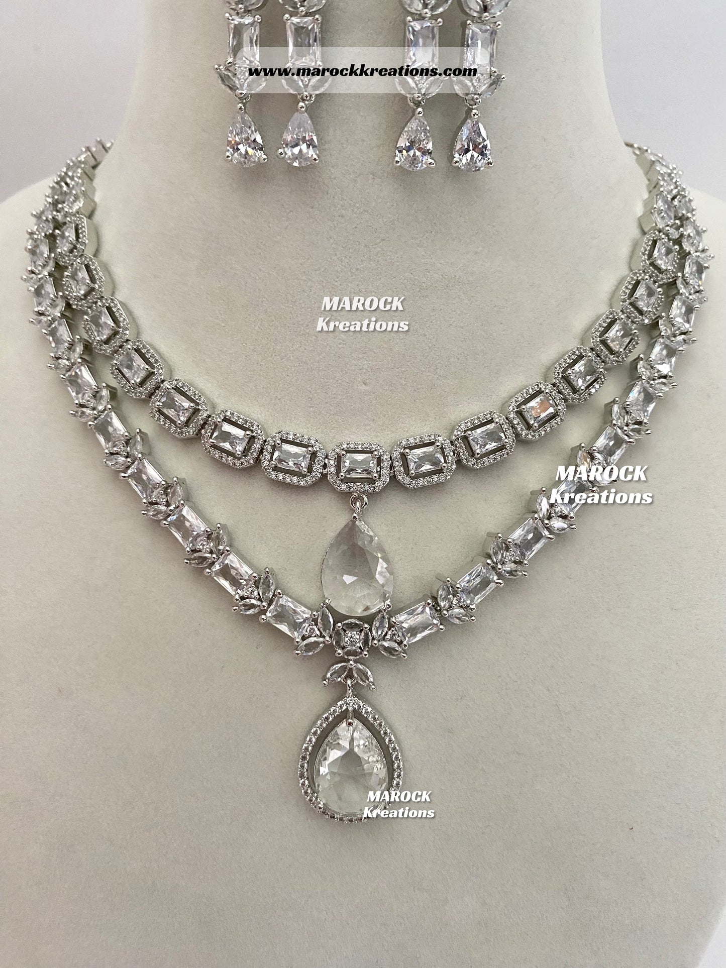 Silver American Diamond Double layer Necklace set