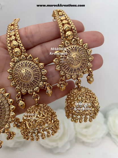 Premium Quality Gold plated Jhumki Earrings(Saharey attached) and tikka set