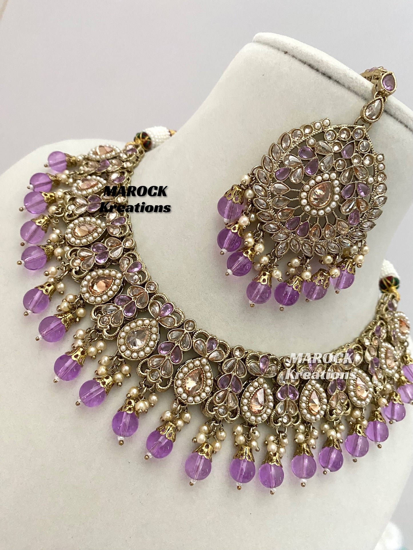 Antique Gold/Lavender Polki Necklace set