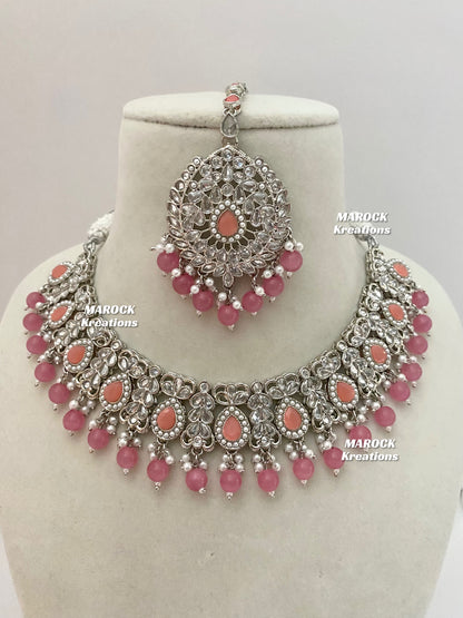 Silver/Dark Pink Polki Necklace set