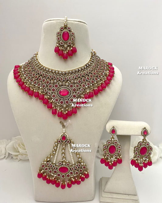 Antique Gold Pakistani Magenta Necklace set