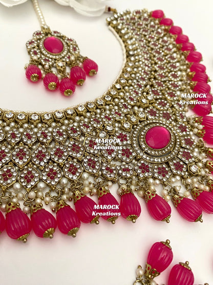 Antique Gold Pakistani Magenta Necklace set