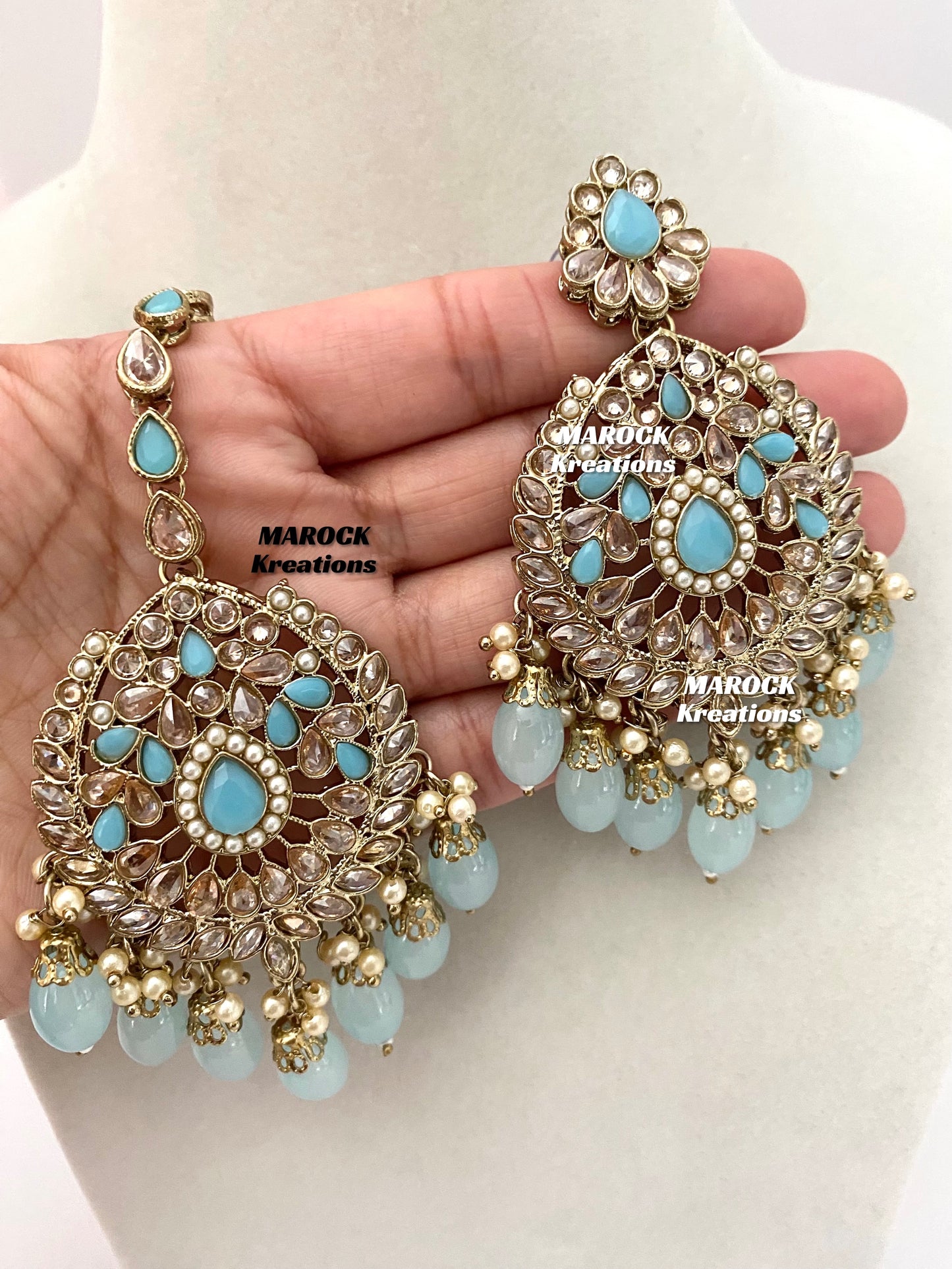 Antique Gold/Sky Blue Polki Necklace set