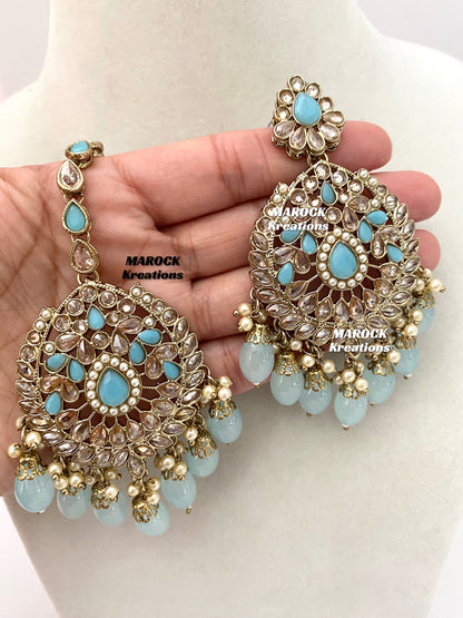 Antique Gold/Sky Blue Polki Necklace set