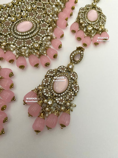 Antique Gold Pakistani Pink Necklace set