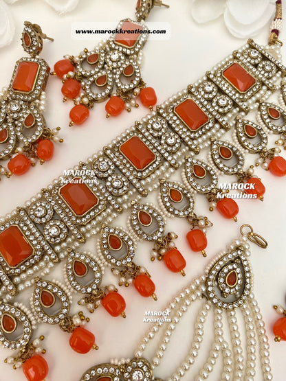 Zainab Antique Gold base with white stones Pakistani Choker set