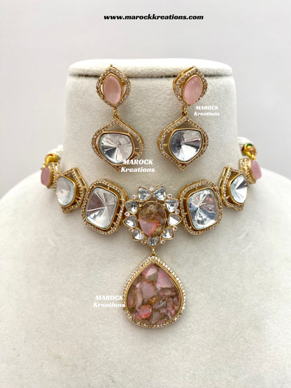 Kalpana Premium Quality Moissanite Kundan and doublet stone Statement Choker set