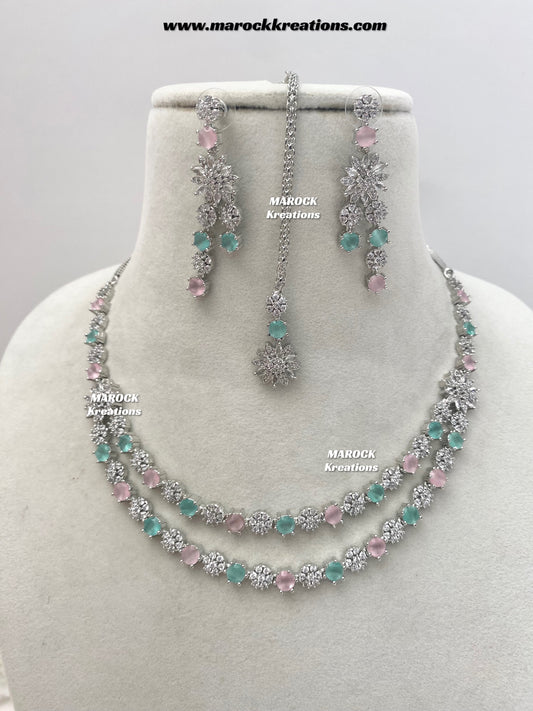 Sumra Silver American Diamond Double layer Necklace set (with tikka)