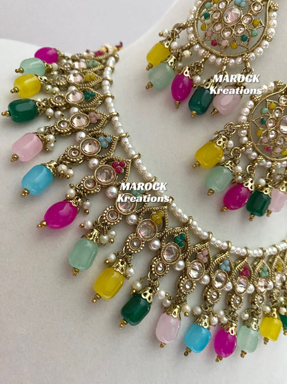 Antique Gold Polki Multi color Necklace set