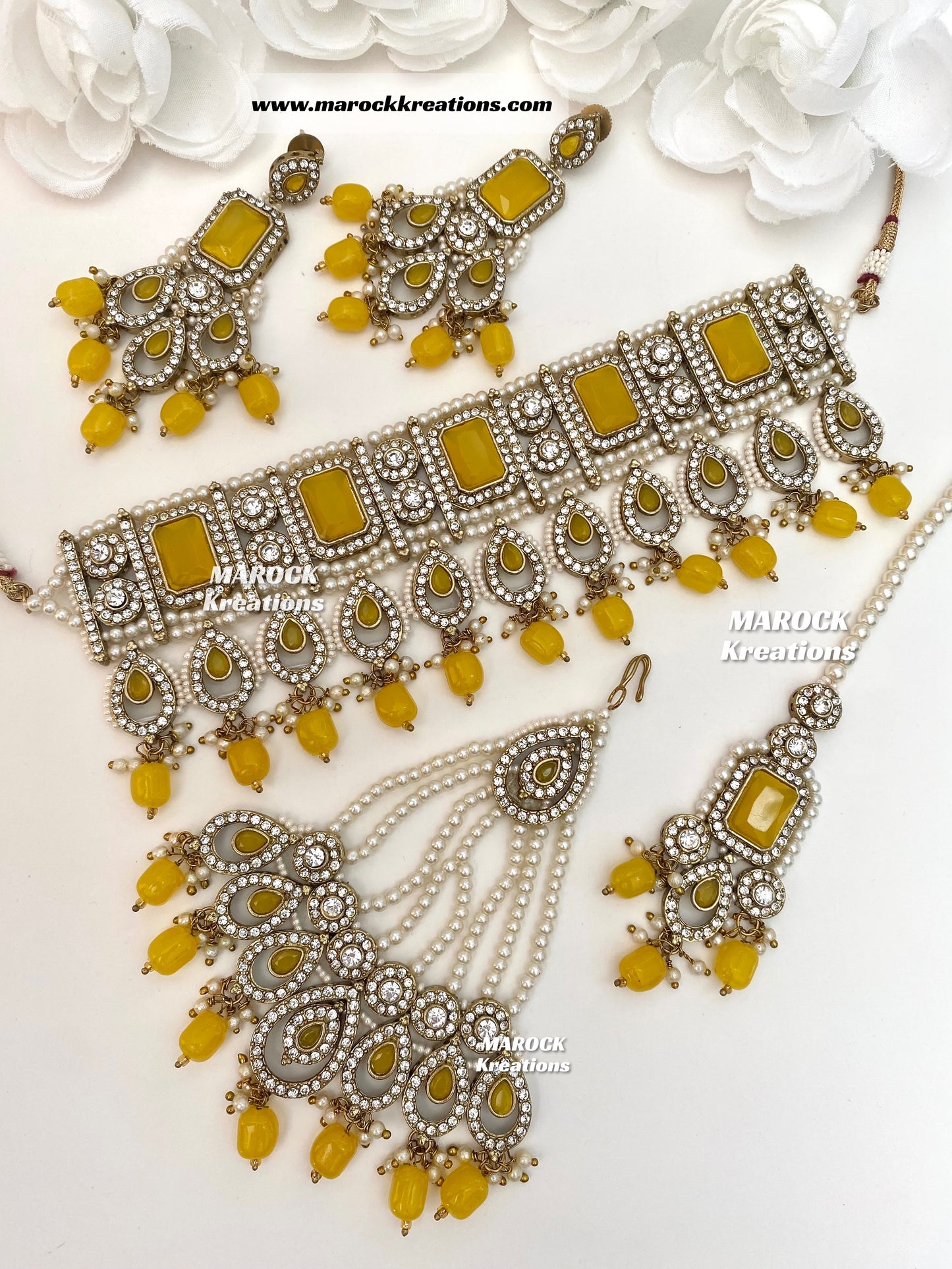 Zainab Antique Gold base with white stones Pakistani Choker set