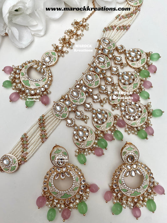 Nirvi Premium Quality Rose Gold Kundan Meenakari Choker/Necklace set