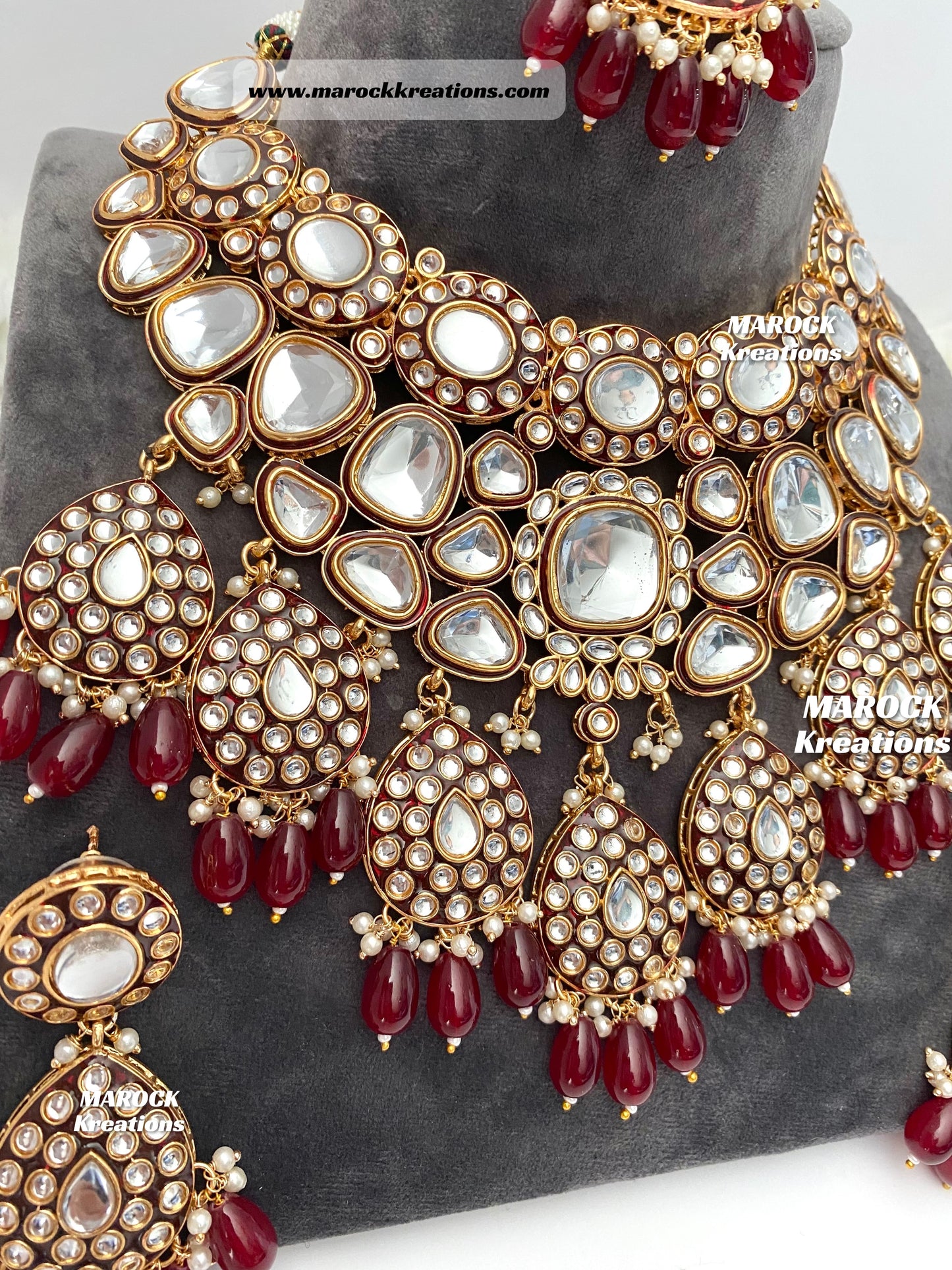 Trendy Uncut Kundan Maroon Statement Necklace set/Bridal set